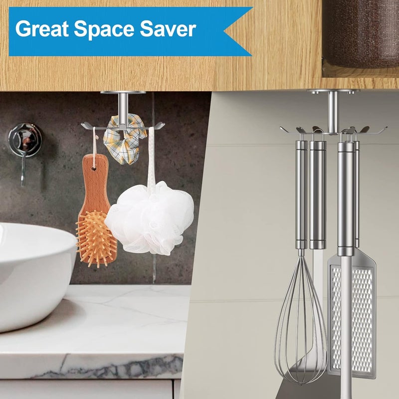 Funnacle 2pcs Under Cabinet Hooks Rotating Kitchen Utensil Holder 304 Stainless Steel Adhesive Utensil Hanging Rack for Kitchen Utensils/Tools/Towel/Knife(2, Brushed Nickel)… - Image 4